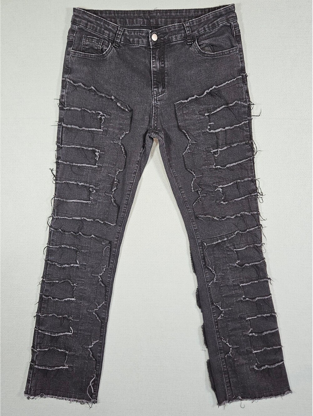 Men's Black Denim Jeans Distressed Frayed Stacked Straight